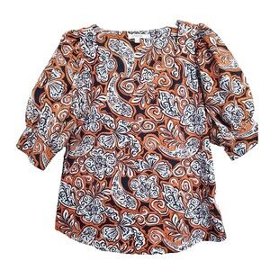 Chico's Mixed Media Floral Paisley Square Neck Puff Sleeve Blouse Size 1 Medium